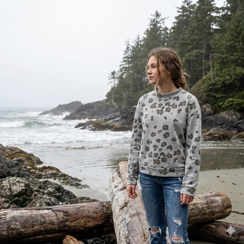 O'Neill Gray and Brown Leopard Print Crewneck Sweater - Picture 1 of 9